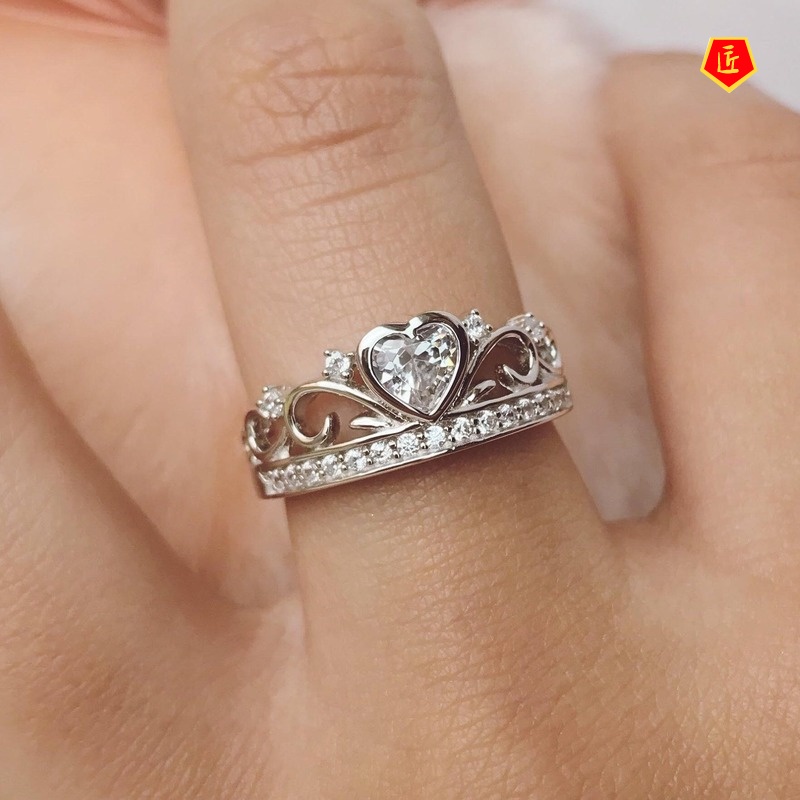 [Ready Stock]Heart-Shaped Diamond Crown Ring Fashion