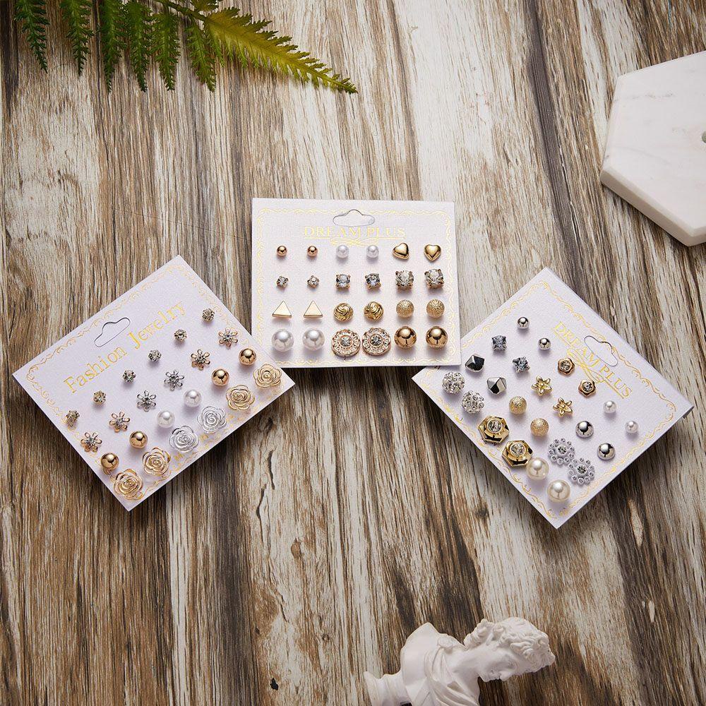 NEEDWAY Needway Stud Earrings Trendy Daun 12pasang /Set Anting Stud Mutiara Imulated Set Bintang Bunga Bola Drop Earrings