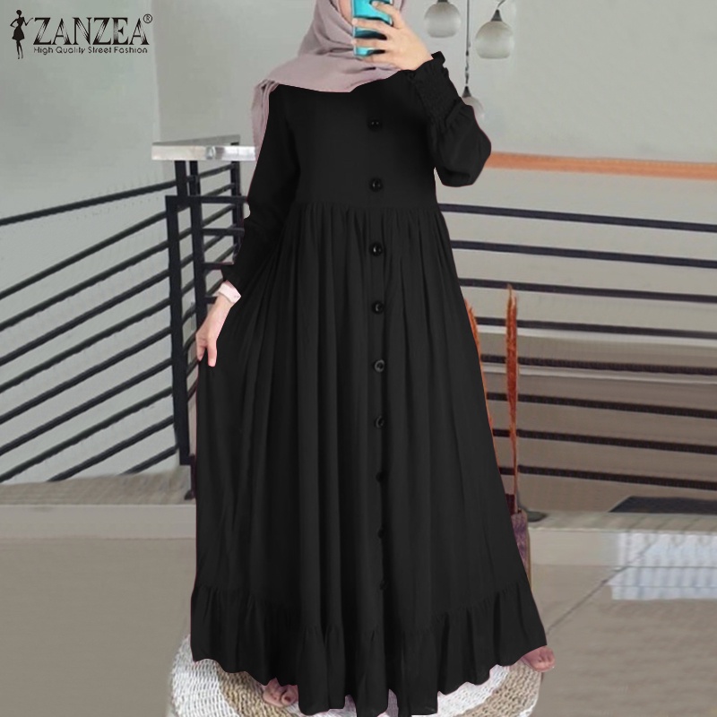 ZAZNEA Women Decorative Button Ruffle Hem Chiffon Puff Sleeve Muslim Maxi Dress