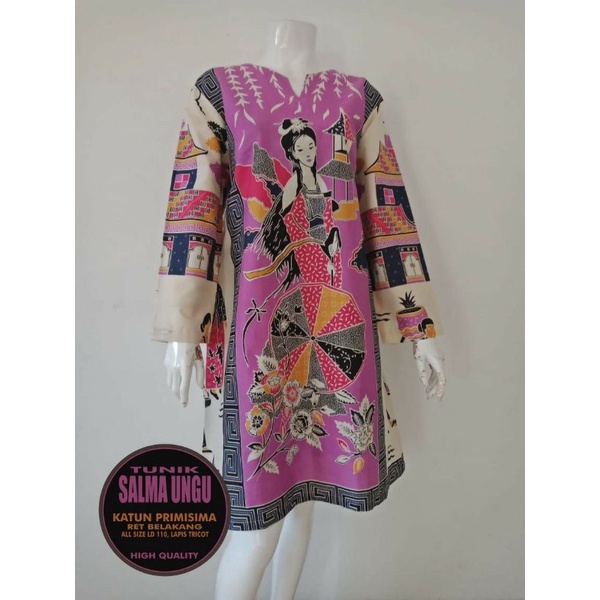 TUNIK BATIK SOLO PREMIUM MOTIF WANITA CANTIK SALMA KUNING UNGU LAPIS TRICOT SIZE JUMBO SERAGAMAN
