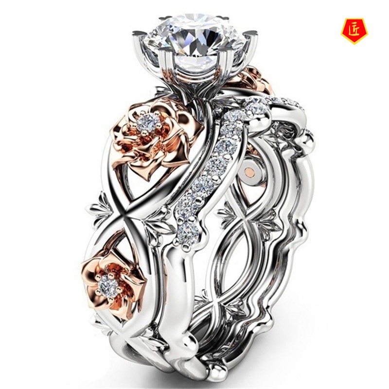 [Ready Stock]Fashion Elegant Rose Ring 18K Inlaid Diamond