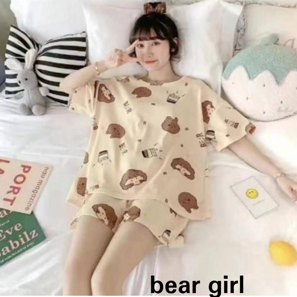 Pakaian Wanita Baju Tidur Wanita Piyama Lengan Pendek Import Motif Fit to XXL