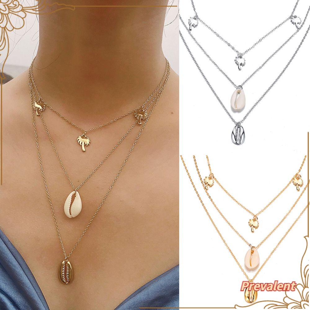 Kalung Rantai Multi Layer Liontin Kerang Warna Goldsilver Untuk Wanita