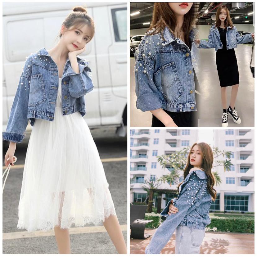 COD - JAKET JEANS CROP KOMBINASI MUTIARA TEMBAK OVERSIZE CROP/JAKET JEANS WANITA / JAKET WANITA