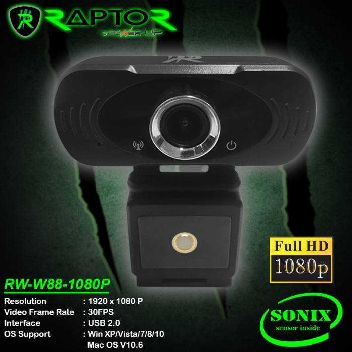 Webcam Full HD 1080P SONIX Chipset RAPTOR RW-W88 Microphone PC