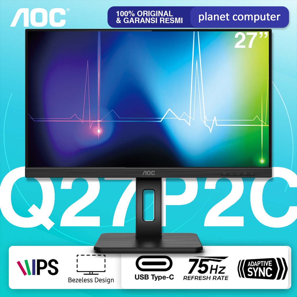 Monitor AOC Q27P2C 27&quot; IPS 1440p 75hz HDMI DP USB-C Speaker Ergo Vesa