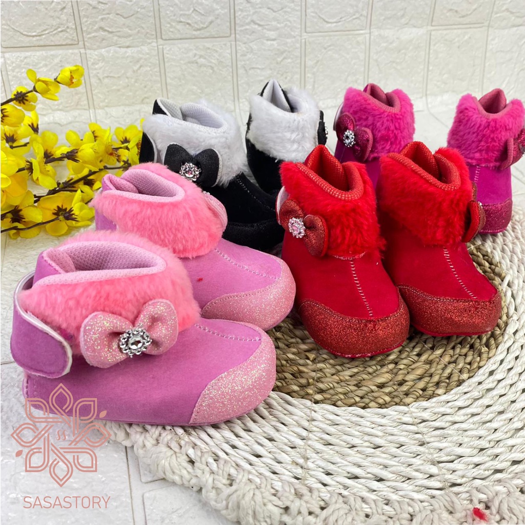 mandirishoestore-SEPATU BOOT ANAK BAYI PEREMPUAN GLITTER PITA 0-12 BULAN LPY04