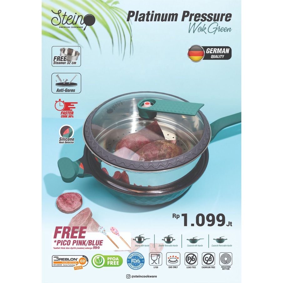 Stein cookware platinum press wok / panci presto - Crem/hijau