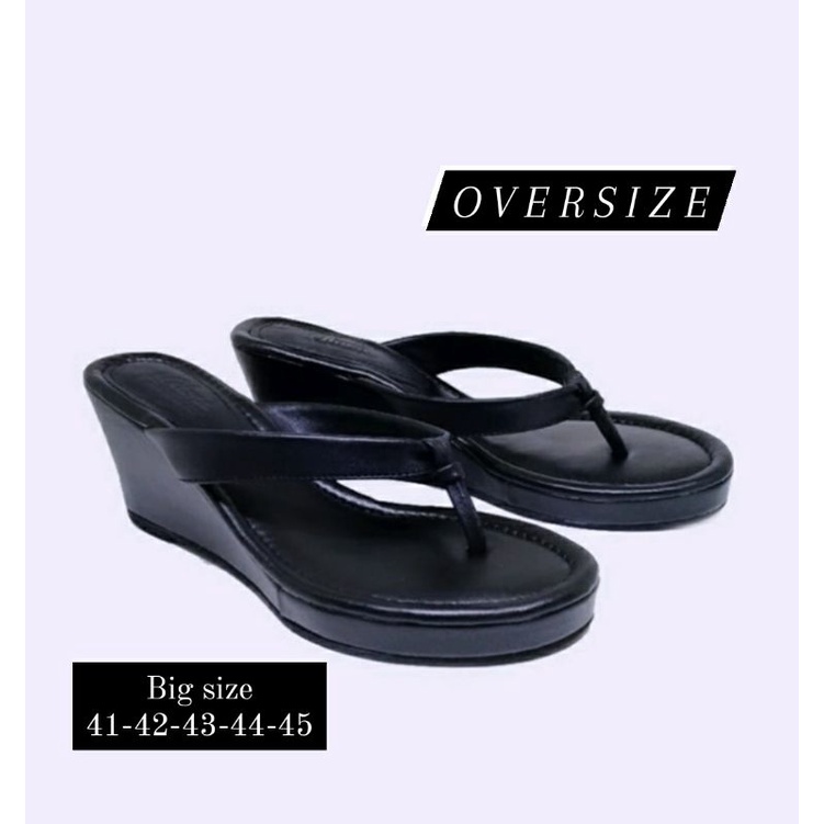 Sendal Wedges Jepit Ukuran Besar 41-45 Jepit Hak Tinggi Pesta Pernikahan Hitam Kaki Gemuk Lebar Cantik, 41