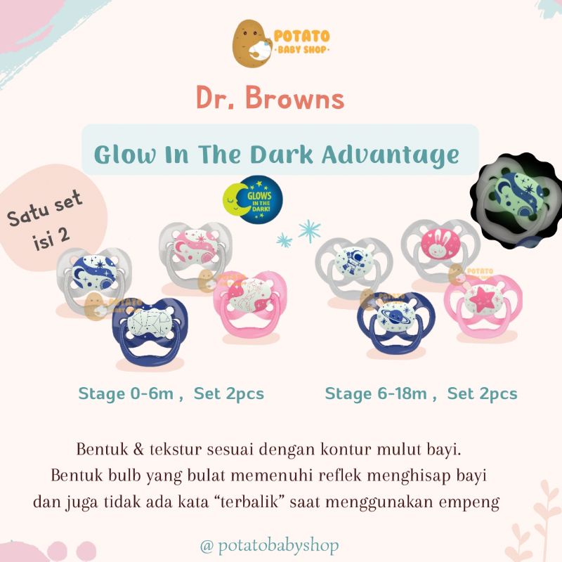 Dr Brown's Glow In The Dark Advantage Pacifier - Empeng Drbrown Set 2pcs