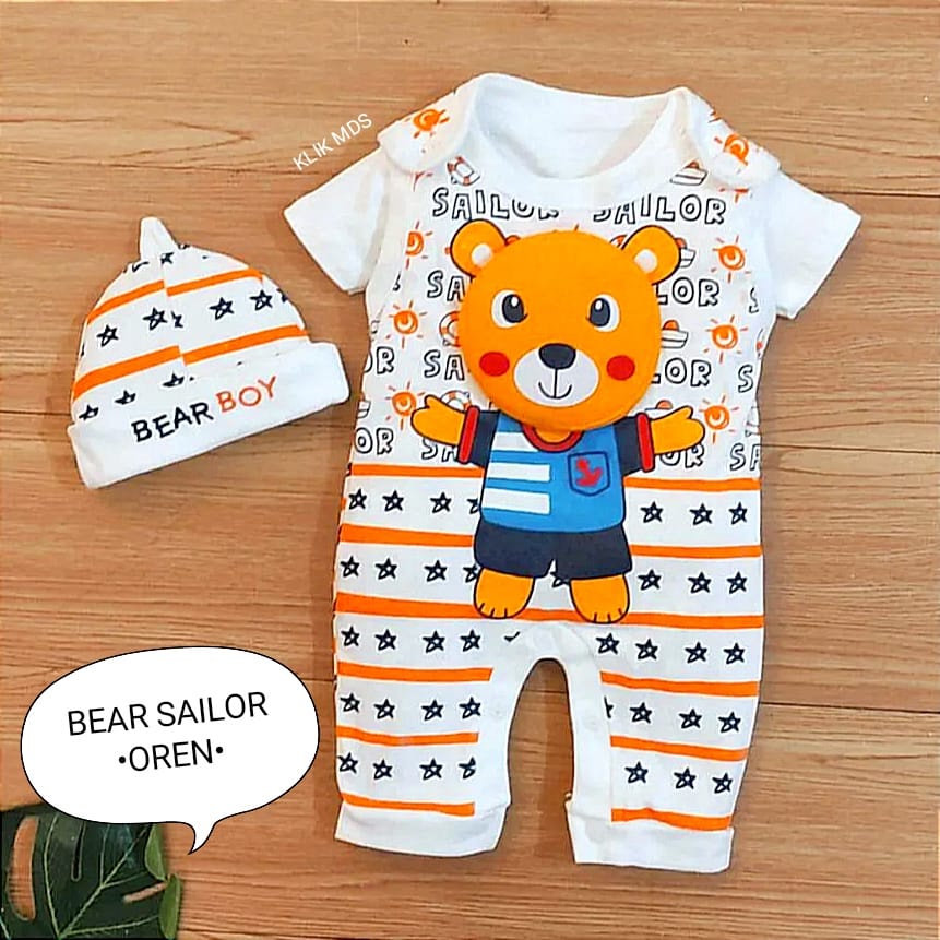 Jumper Bayi Laki-Laki 0-6 Bulan / Baju Anak Bahan Kaos Free Inner Dan Topi Motif Bear Sailor