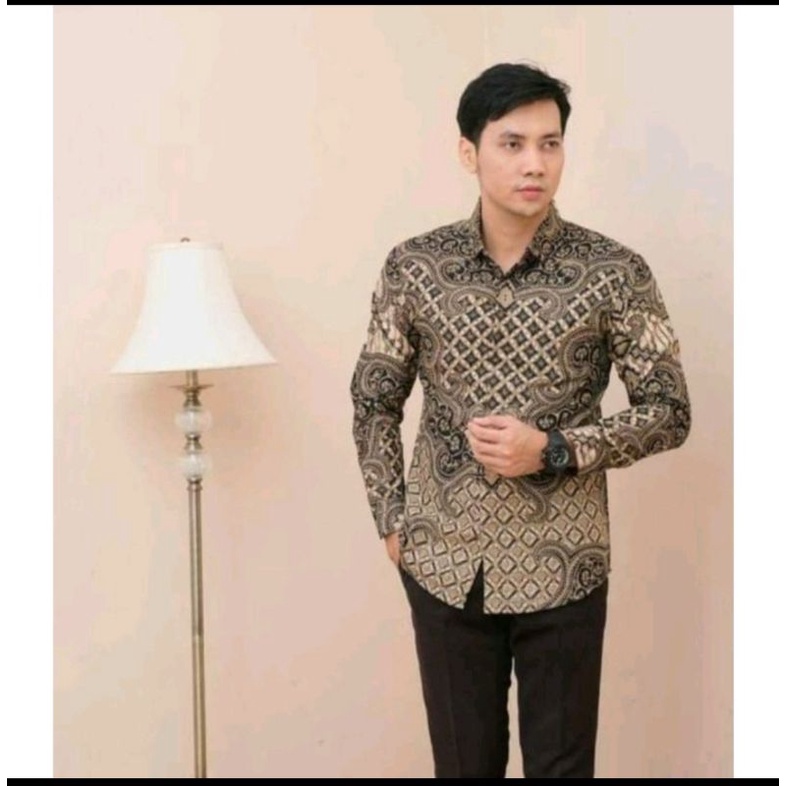Baju Batik Pria Slim Fit modern Lengan Panjang Bahan Katun Premium Sanfores Halus Furing Hitam / Atasan Motif Batik Warna Kuning Sogan Emas