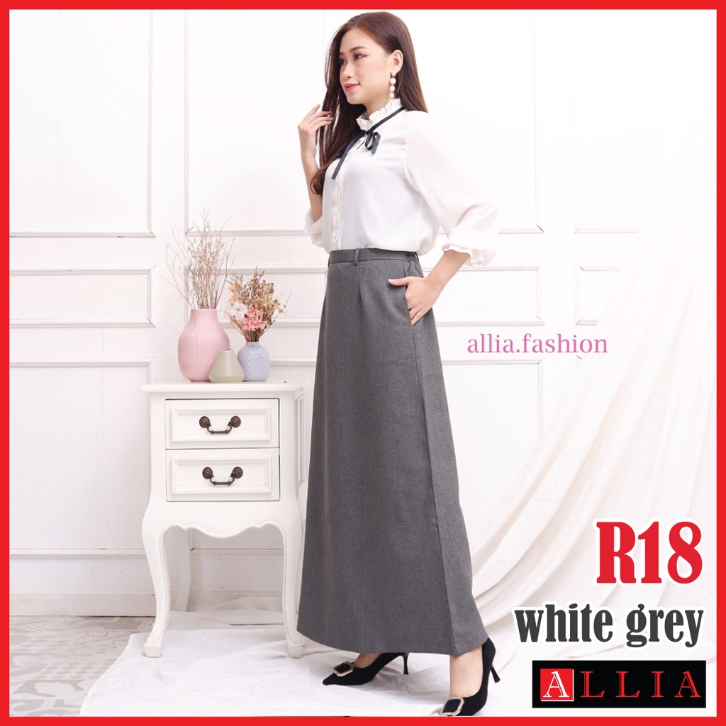 Rok A Line / ALLIA R18 White Grey M - 7L / Rok Payung Jumbo / Rok kerja Wanita
