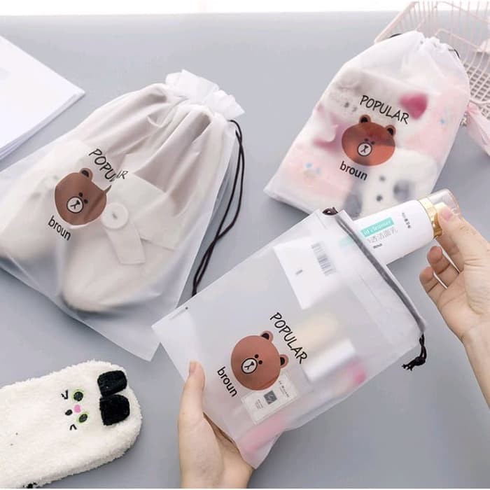 (19*26cm) Kantung Tas Plastik Tarik untuk Travel Motif Beruang Cokelat