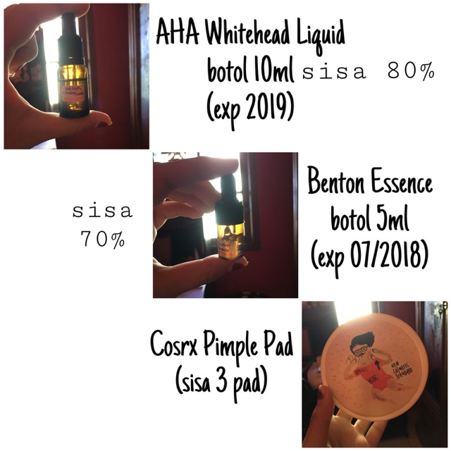 [Preloved share in jar] Cosrx aha whitehead liquid & pimple pad dan Benton Snailbee Essence