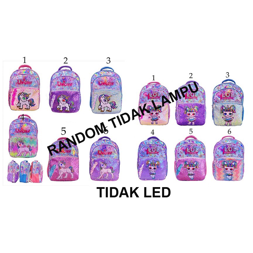 TERMURAH RANDOM OBRAL CUCI GUDANG TIDAK LAMPU /  LAMPU TIDAK NYALA TAS Anak Perempuan Ransel SD Sequin USAP Berubah KUDA AJAIB KELINCI IMPORT