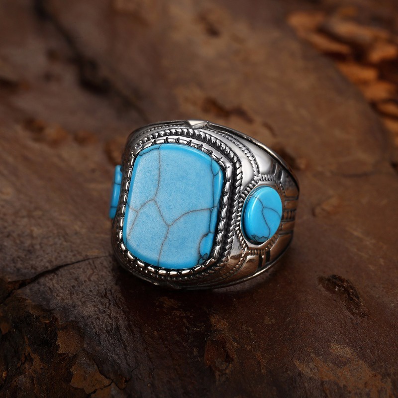 Cincin Turquoise Bahan Stainless Steel Gaya Retro Untuk Pria Suvenir Pernikahan