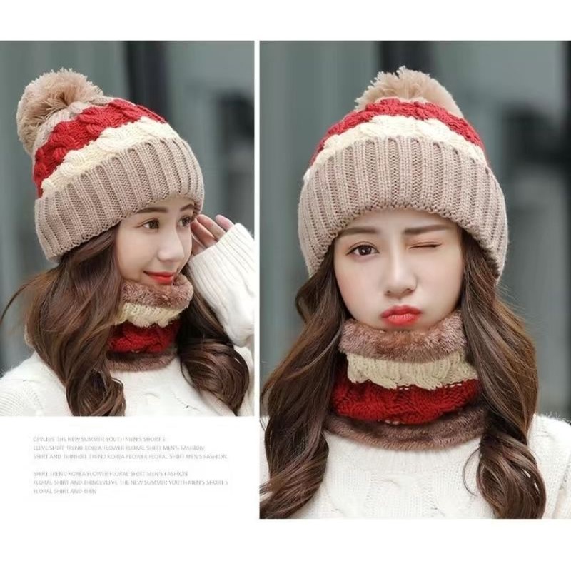 Winter Knitted Beanie Pompom Scarf Set Woman Kids Fur Inside / Topi Kupluk + Syal