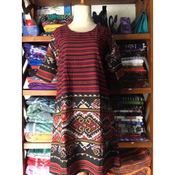 ELPHI Dres Tenun Lurik Hitam Merah Etnik Halus