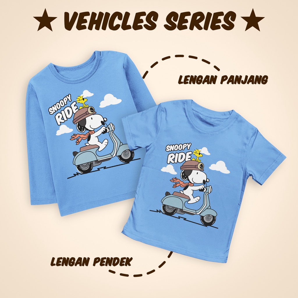Kaos Anak Laki Laki Perempuan 1-12 Tahun Unisex Lengan Pendek dan Lengan Panjang Snoopy Ride