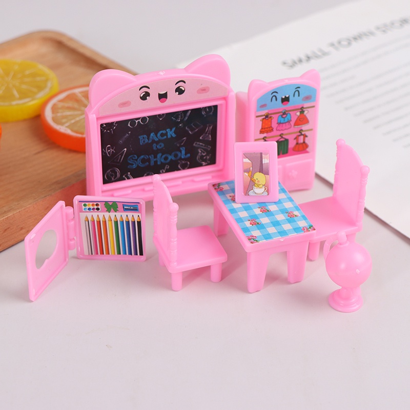 【beautifulhome12.id】8Pcs/Set Dollhouse Study Desk Set Blackboard Table Chair Doll Furniture Model