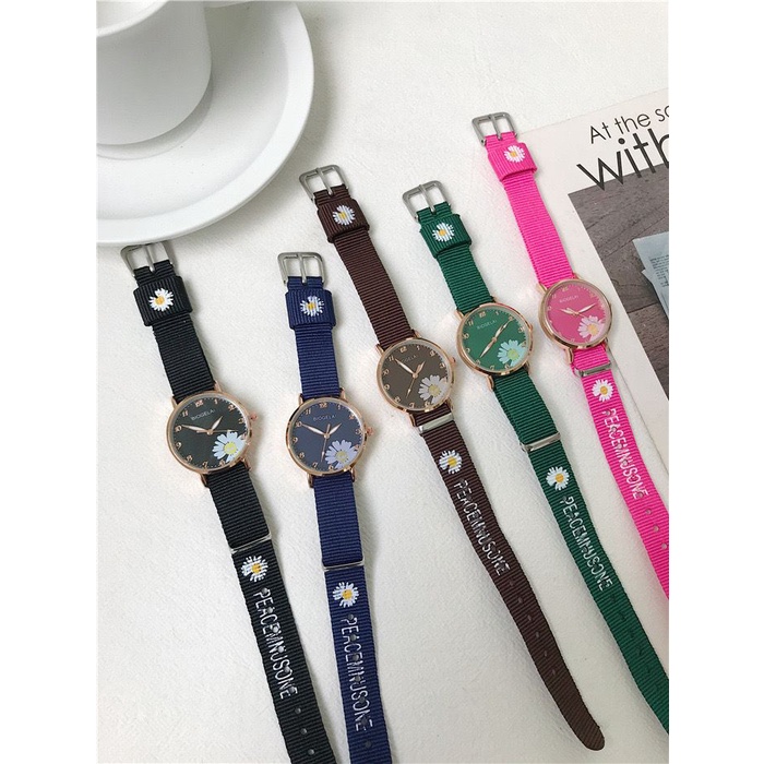 ✅ COD KUMA Jam Tangan Wanita Quartz Analog Motif Bunga Daisy Bahan Nilon Kanvas