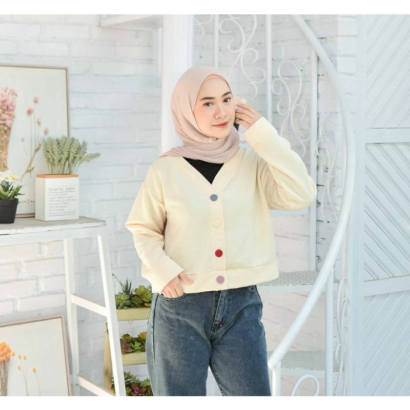 Vallina Outfit Atasan Top Wanita Bianka Crope Outer Sweater Blouse Korean Style Crop-Cream