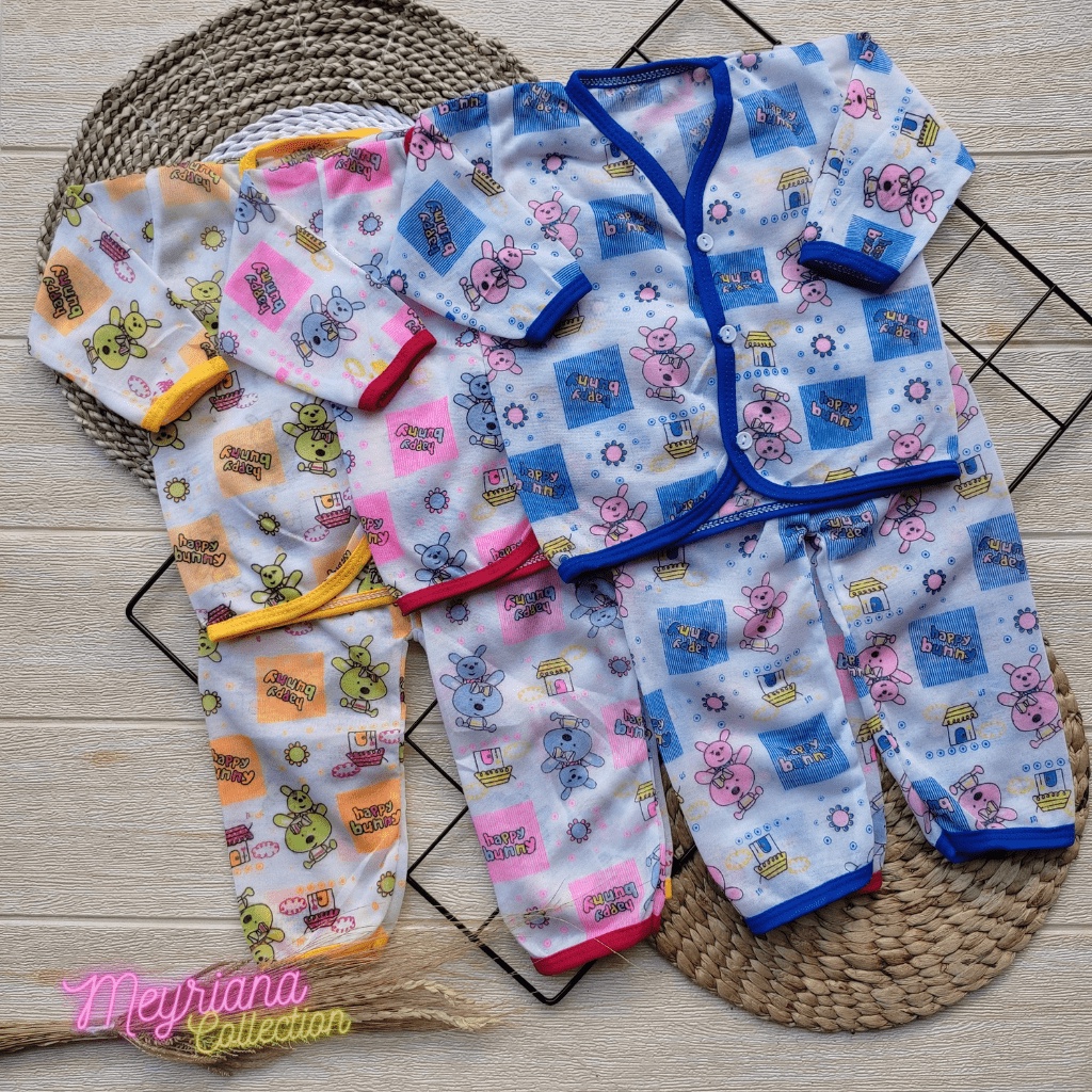 3 Setelan Baju Bayi Lengan Panjang Motip Happy Bunny Usia 0-6 Bulan Meyriana Collection