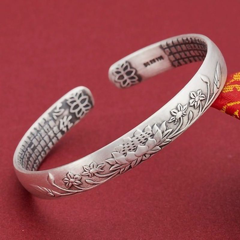 Gelang Model Terbuka Bahan 925 Silver Desain Teratai Hannya Shingyo Gaya Vintage Untuk Wanita