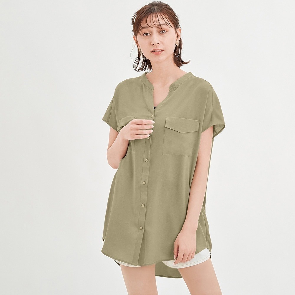 BLOUSE WANITA UNIQLO GU772 UTILITY TIEWAIST SHIRT BLOUSE-OLIVE