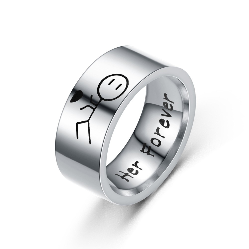 Cincin Desain Tulisan Her Forever His Always I Love You Bahan Titanium Silver Hitam Untuk Pasangan