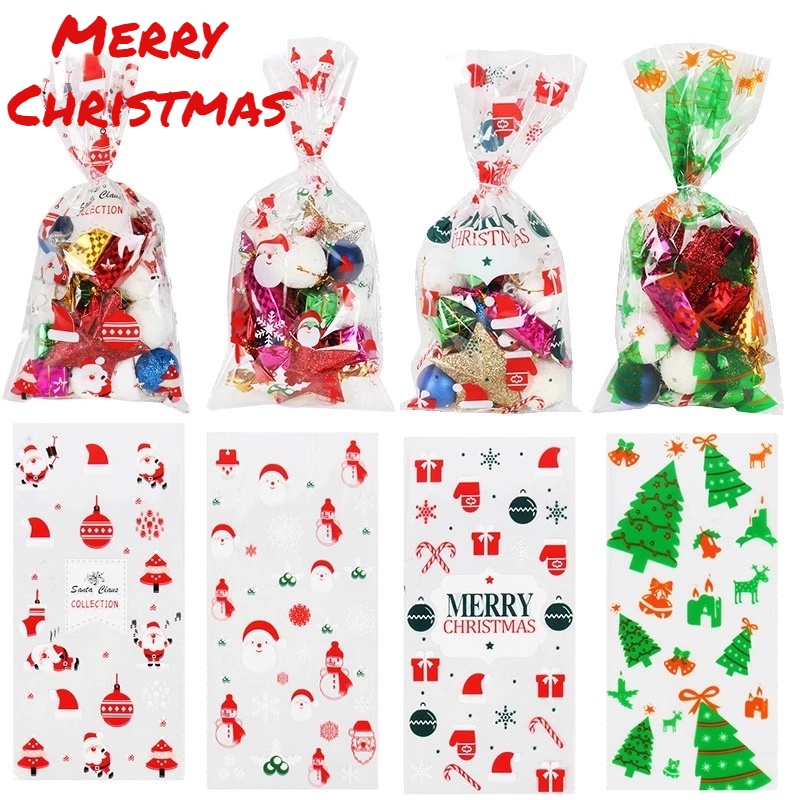 50pcs/bag Clear PVC  Cartoon Santa Claus Print Candy  Bags For Festival Party Gift