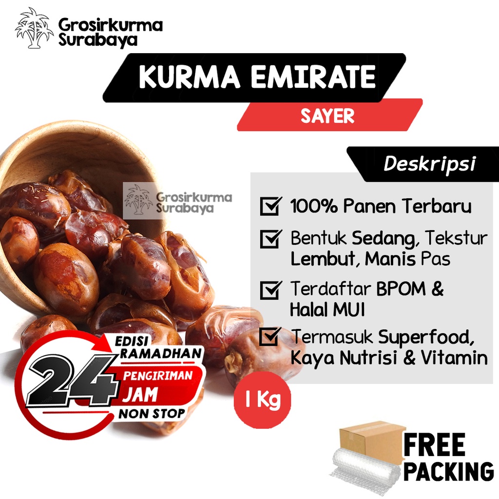 Kurma Gold Emirate Sayer 1KG Asli Arab Saudi Premium BPOM Untuk Nabeez Buka Puasa Basah Madu Enak