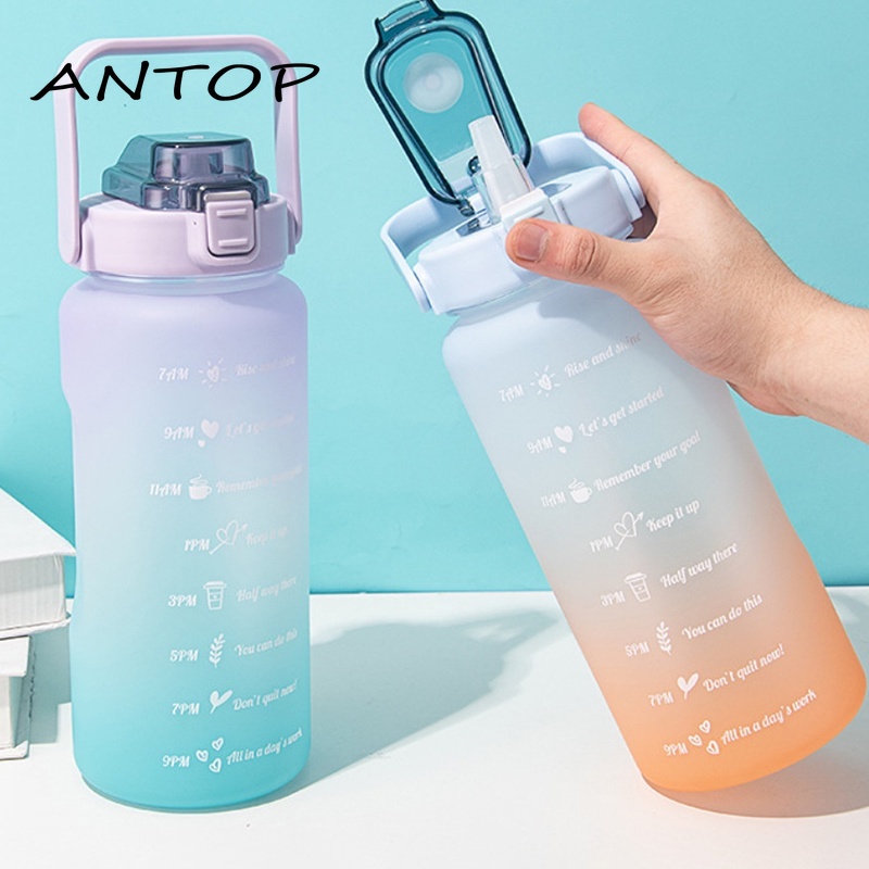 Botol Air Minum Kapasitas Besar 2l Gradien Warna Dengan Skala Pengingat Waktu Untuk Jerami Cangkir Air Olahraga Besar Portabel Fitness Outdoor
