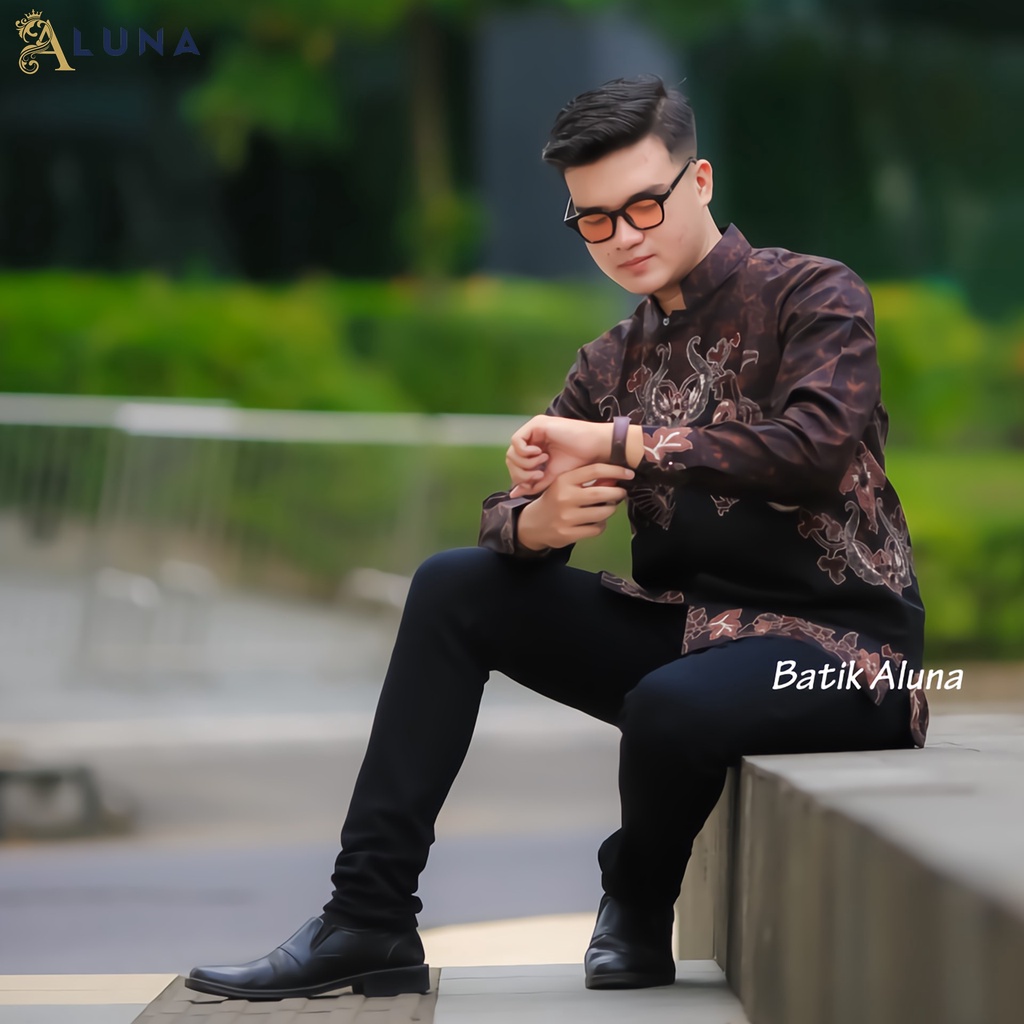 Terbaru!! Baju Kemeja Koko Kurta Pakistan Pria Dewasa Motif Batik Aluna Baju Muslim Lengan Panjang Good Quality Katun Premium MBA 010