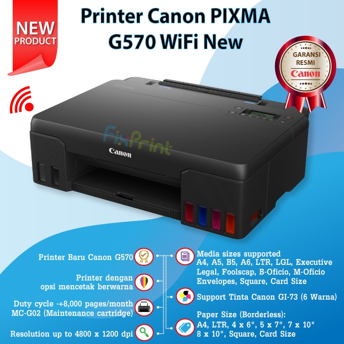 Printer Canon PIXMA G570 G-570 Inkjet Photo Tinta 6 Warna GI73 WiFi