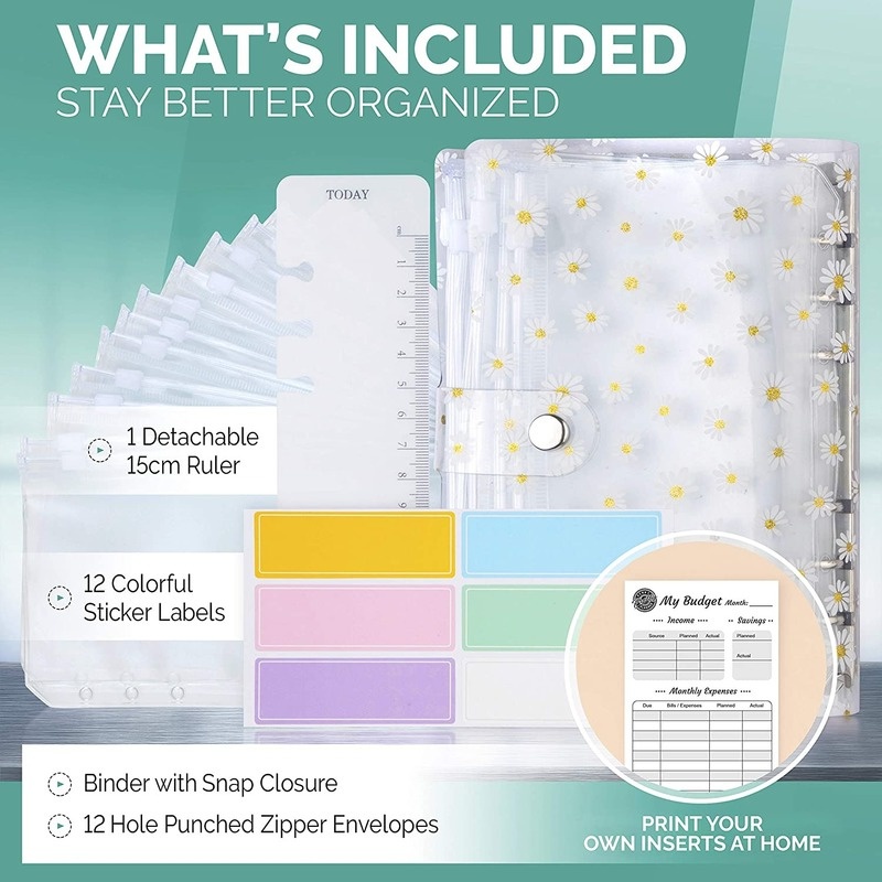 15 Pieces A6 Daisy PVC Binder Cover Budget Planner and 12 Clear Binder Pockets Organizer,Colored Labels for Budgeting