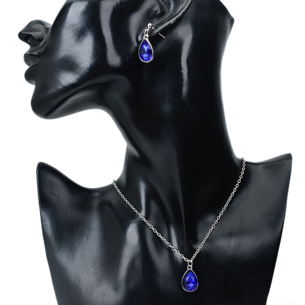 Set Anting Dan Kalung Choker Bentuk Tetesan Air Geometris Aksen Kristal Warna Merah Biru Untuk Wanita