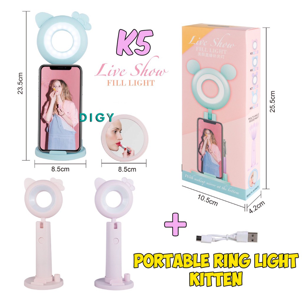 Termurah korea style Portable Ring Light KITTEN Tripod Murah Lampu Bundar Hp smartphone Karakter