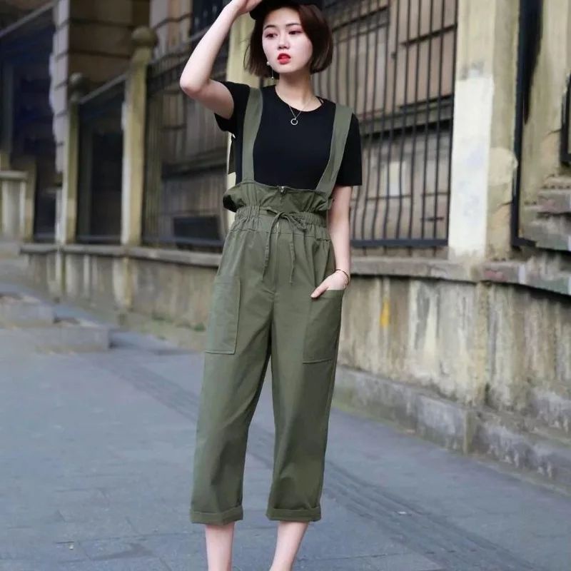 Jumpsuits Wanita Tinggi pinggang Kantong Tali Celana Serut