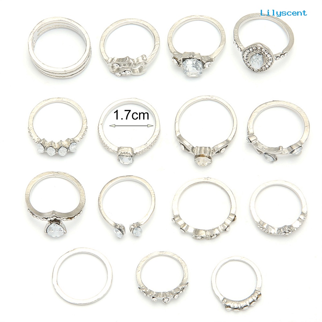 15pcs Cincin Jari Warna Silver Model Hollow Out Untuk Wanita