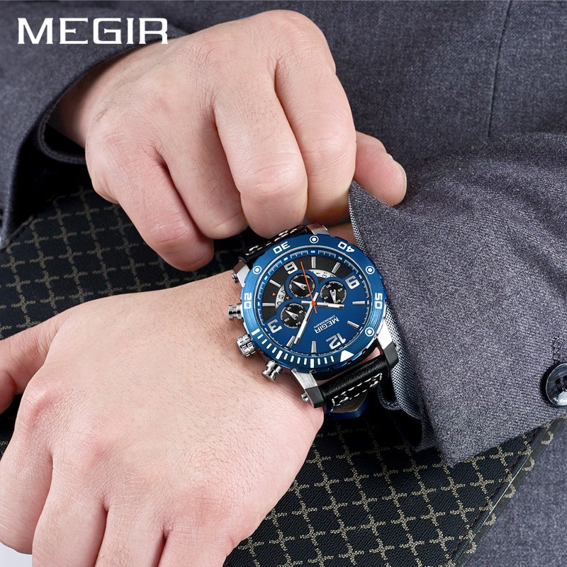 MEGIR 2084 Jam Tangan Pria Analog Chronograph Tali Kulit Luminous WATCHKITE WKOS