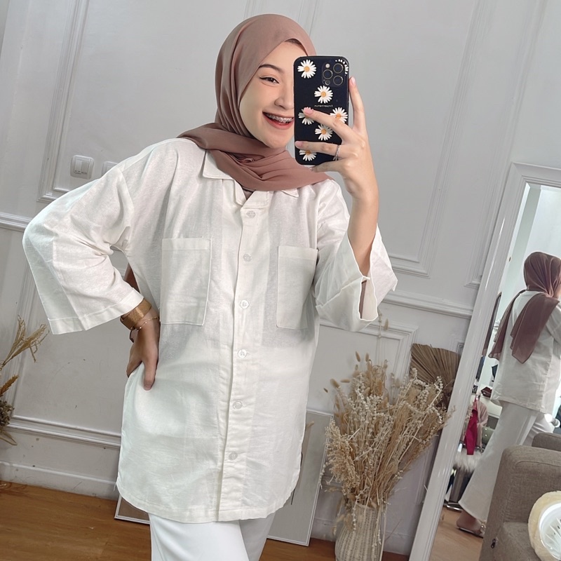 KEMEJA OVERSIZE WANITA BAHAN KATUN RAMI POLOS PREMIUM PANJANG LENGAN