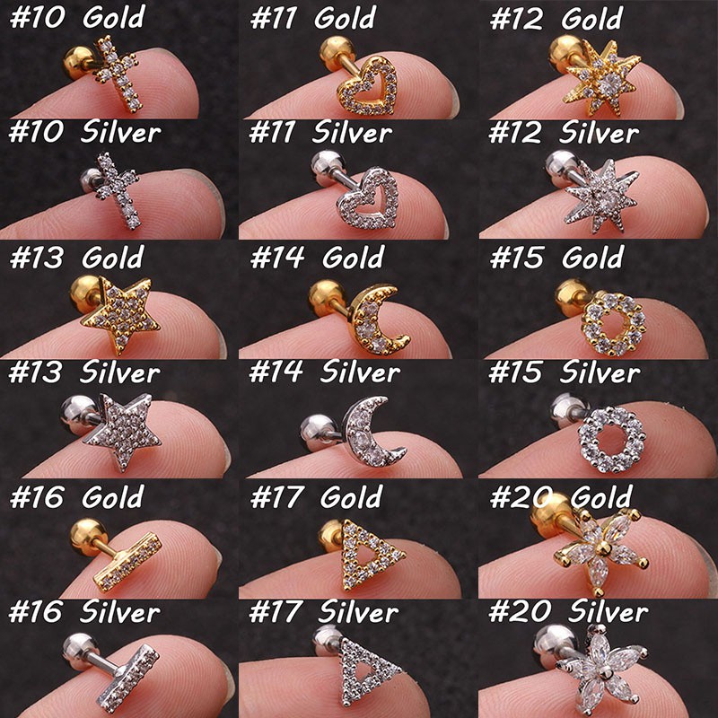 [ACKER] 1Piece 24K Emas Stainless Steel Helix Pinna Earrings Tragus Cartilage Piercing 16G Dengan Zirkon Untuk Wanita