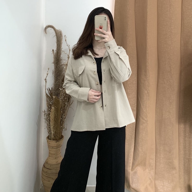 Misty Long Shirt - PLENARIO ID | Kemeja wanita - Oversize - Bahan linen - atasan wanita - shirt kemeja - COD-Cream