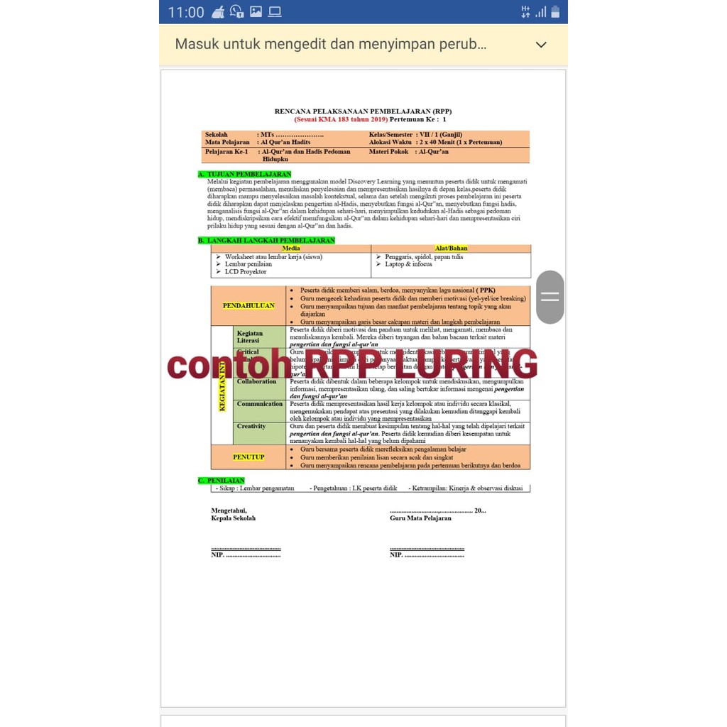 RPP 1 Lembar (RPP Daring, Luring Dan Tikom Sabar) Bahasa Arab MTs Kelas 7 Semester1-2, Sesuai Kma 183 Tahun 2019