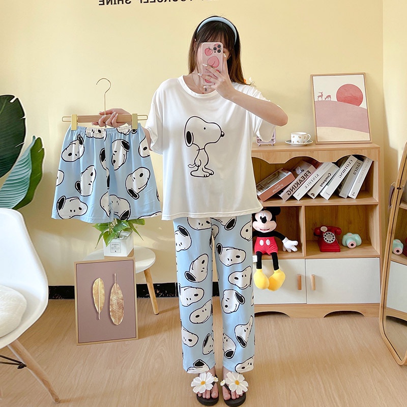 Baru set Baju Tidur Wanita Dewasa Oversize Piyama Bahan Kaos Celana Panjang & Pendek Setelan Baju Tidur 3IN1 Setelan Piyama-8