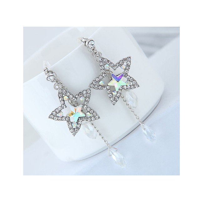 LRC Anting Tusuk Fashion Silver Color Star Shape Design Full Diamond Earrings