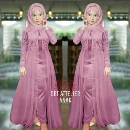 Baju Setelan Gamis Brukat Anak Perempuan Muslim Terbaru 2022 Model Set Kekinian Trendy Set Long Tuni