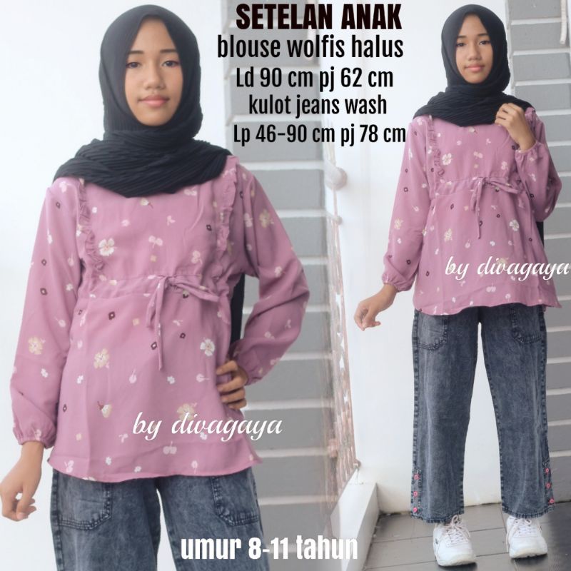 SETELAN BLOUSE BUNGA CELANA KULOT ANAK UMUR 8-11 TAHUN